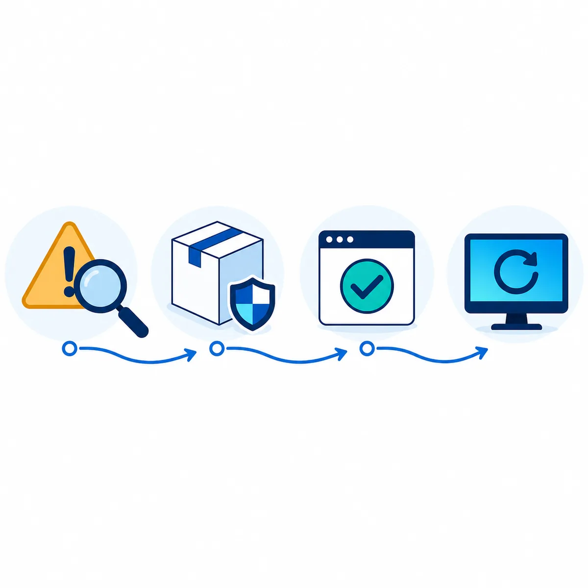 Editorial four-stage flow for checking a missing D3DCompiler_43.dll error, using an official package, verifying the application, and retesting