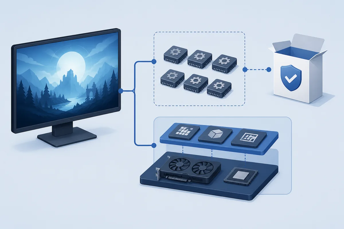Editorial illustration of a legacy DirectX helper layer connected to a Windows game and a trusted runtime package