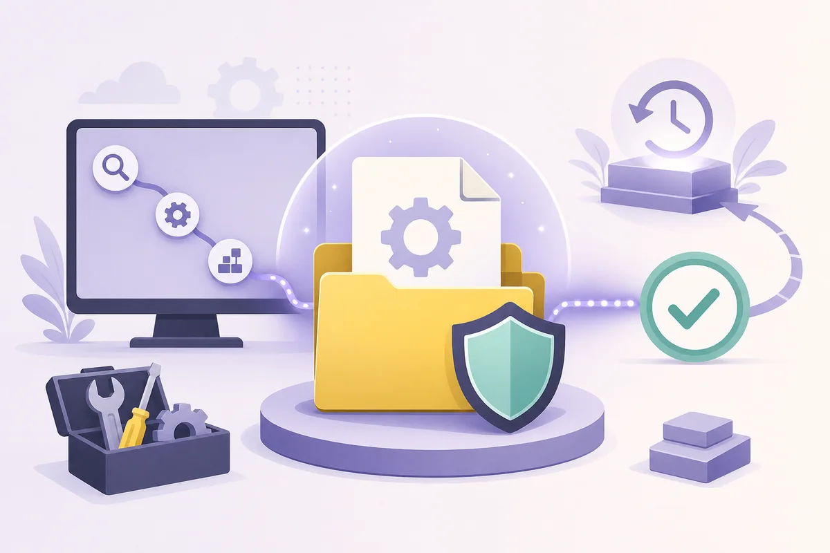 Editorial illustration of a protected Windows DLL dependency moving through a system repair path