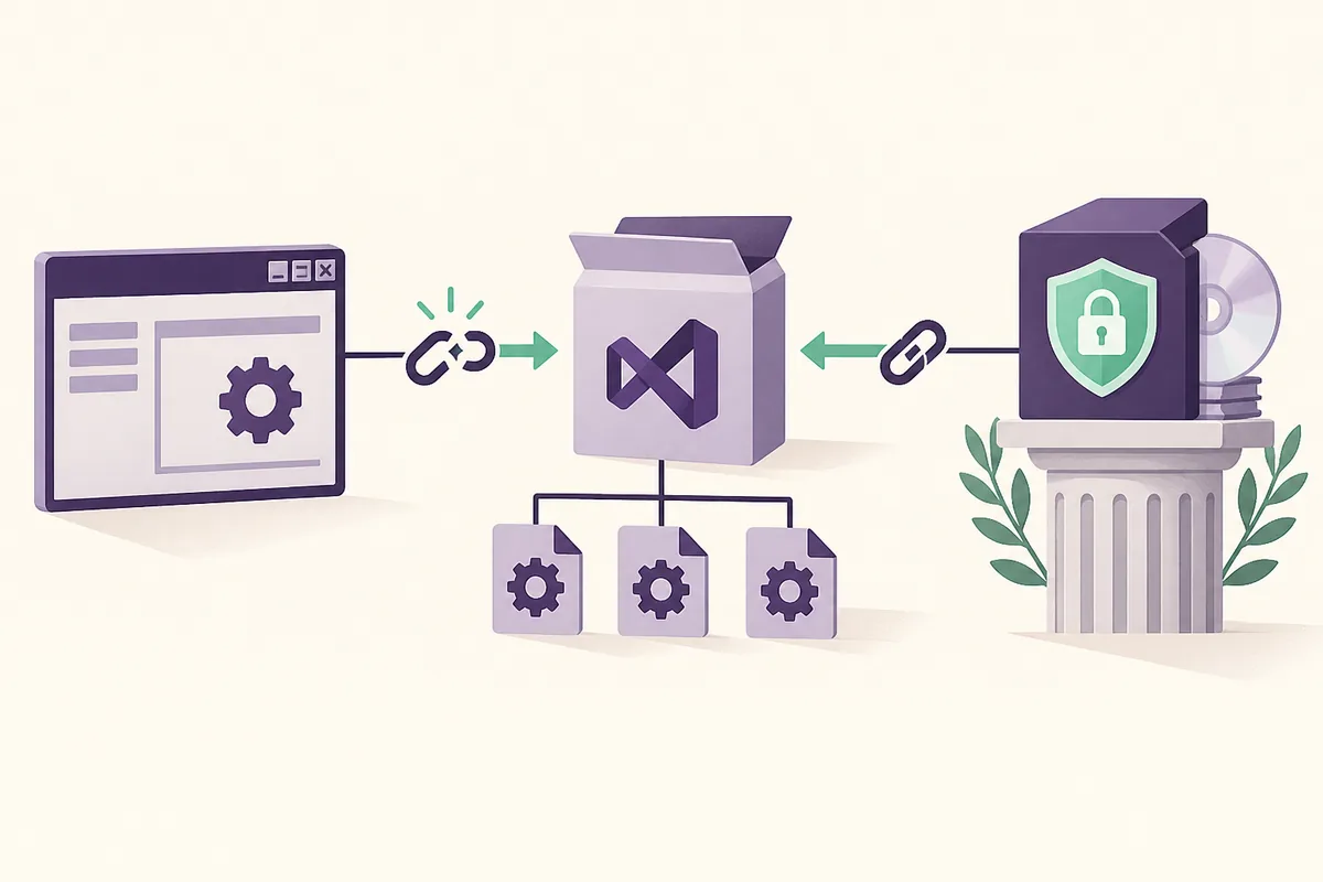 Editorial illustration of a legacy Visual C++ runtime dependency connected to an older Windows application