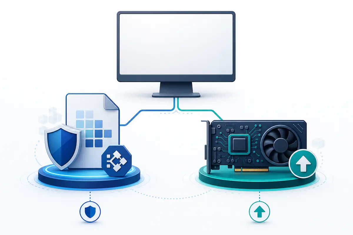 Editorial comparison of Windows system-file repair and graphics-driver update paths for OpenGL errors