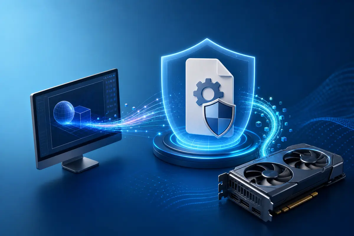 Editorial illustration of a Windows OpenGL system file protected during a graphics repair