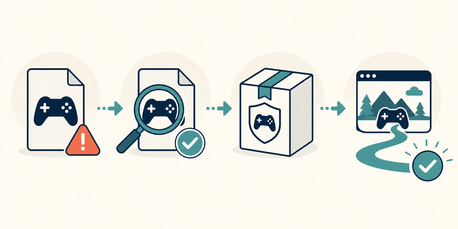 Editorial four-stage flow for verifying and restoring a missing Steam_API.dll game file