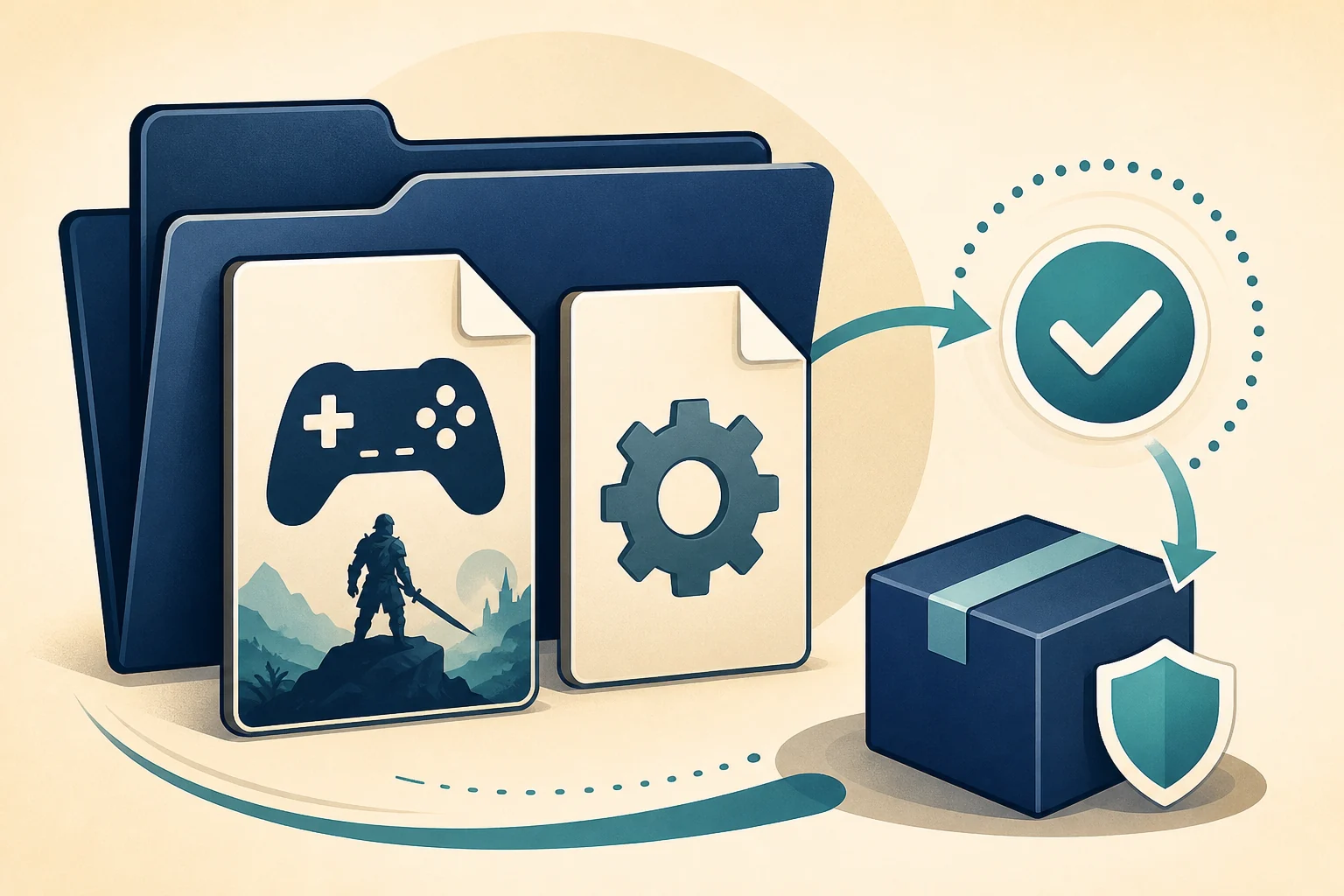 Editorial illustration of a game dependency moving from a legitimate installation folder into a verified package